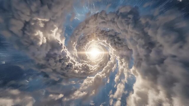 Dramatic spiral cloud formation with radiant sunlight breaking through atmospheric vortex