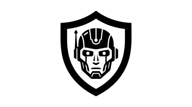 Robot head inside a shield logo on white background