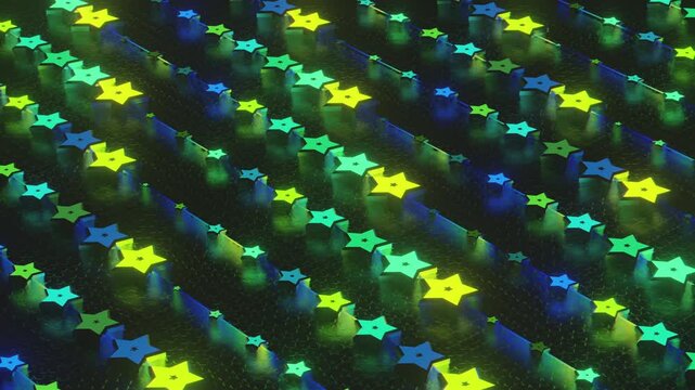 Futuristic abstract wall with glowing geometric stars. Seamless VJ loop of a rhythmic digital structure and pattern, creative motion background for electronic music festivals and stage displays.
