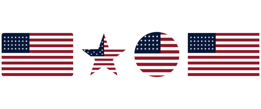 United States Flag Icon Set &ndash; American Stars and Stripes Flat, Waving and Round USA Flag Vector Collection