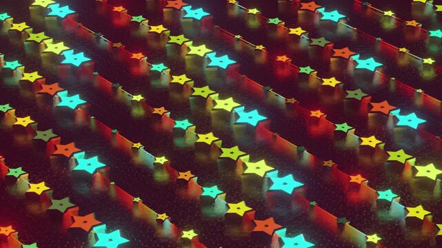 Futuristic abstract wall with glowing geometric stars. Seamless VJ loop of a rhythmic digital structure and pattern, creative motion background for electronic music festivals and stage displays.