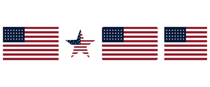 United States Flag Icon Set &ndash; American Stars and Stripes Flat, Waving and Round USA Flag Vector Collection