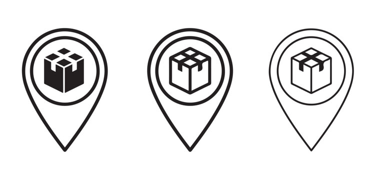 map pins with boxes inside circles for delivery or location marking on websites and applications  logistics and transportation symbols
