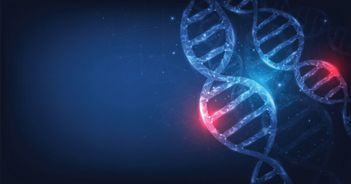 Concept of destroyed code human genome.Human blue 3d dna structure with helix destroyed. genetic mutation, DNA damage.