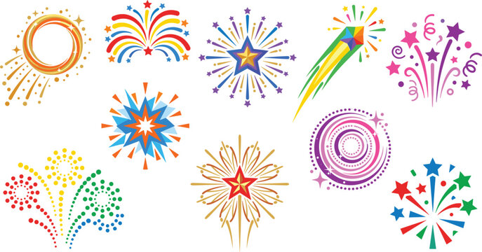 Colorful fireworks burst and star explosion elements vector set, for celebration holiday party background decoration