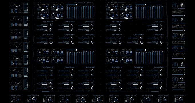 A dark futuristic HUD interface displays rows of glowing blue gauges, data readouts and bar charts in a high-tech control panel layout.