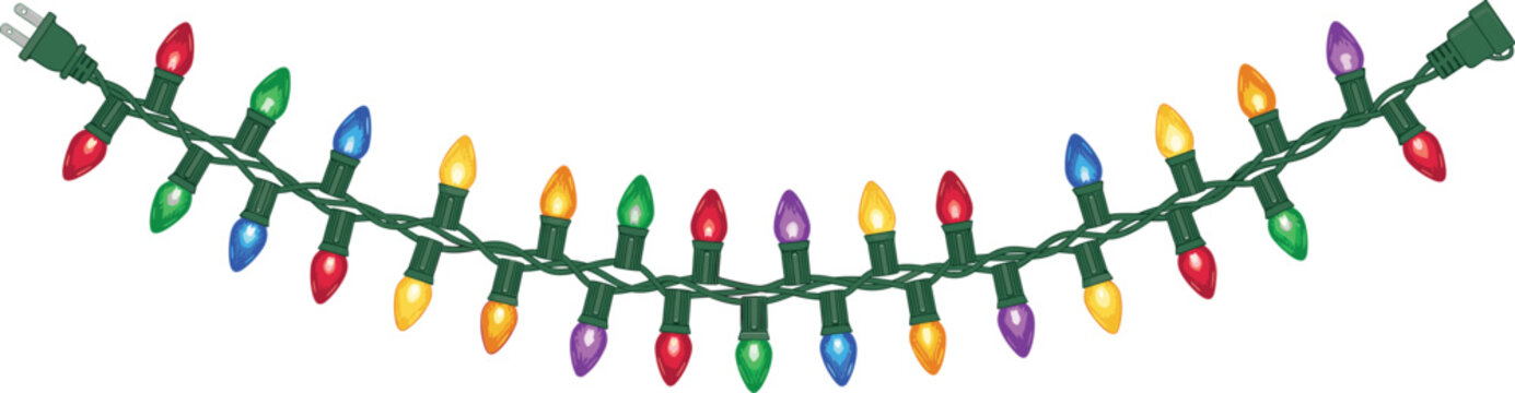 Colorful Christmas lights garland string vector illustration, with glowing bulb elements for holiday party decoration