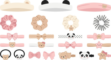 Cute baby girl hair accessories vector collection, with panda bear headbands scrunchies bows and clips © Akramul