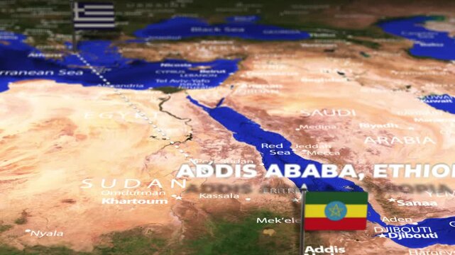Flight From Athens GREECE to Addis Ababa ETHIOPIA with flag pins