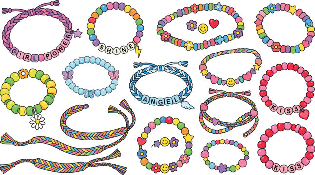 Cute colorful friendship bracelets vector set, with alphabet beads and braided strings for girl jewelry