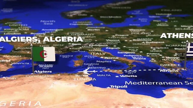 Flight From Athens GREECE to Algiers ALGERIA with flag pins