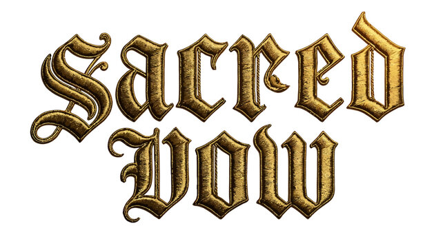 Sacred Vow Typography: Elaborate, vintage-style text art spelling Sacred Vow in a Gothic font with a metallic gold texture, conveying a sense of tradition and solemn commitment.