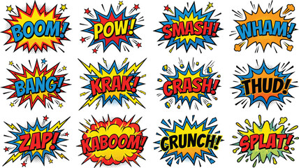 Comic book speech bubbles sound effects vector set, pop art explosion cloud bursts with textComic book speech bubbles sound effects vector set, pop art explosion cloud bursts with text © Akramul