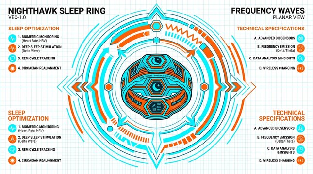 Nighthawk Sleep Ring, futuristic wearable technology for sleep optimization, detailed technical specifications, frequency waves, and biometric monitoring