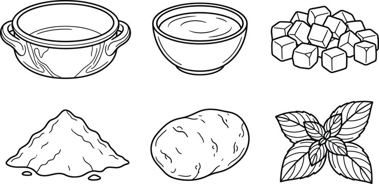 Potato Gnocchi Ingredients Vector Icon Set Featuring Ceramic Baking Dish Sauce Bowl Mozzarella Cheese Cubes Flour Mound Raw Potato and Basil Leaves Line Art