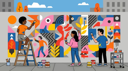 Diverse Friends Painting Abstract Mural on City Wall, Flat Vector Illustration of Community Art Project, Bright Geometric Shapes and Colors with Copy Space © mohammad