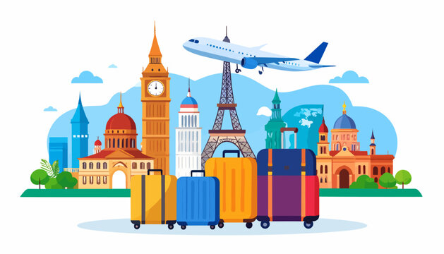Flat vector illustration of travel suitcases and famous landmarks with airplane flying