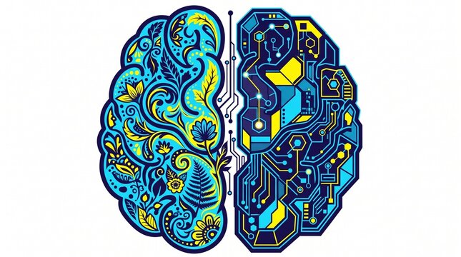 Creative brain illustration, a vibrant visual representation of human intelligence and thought processes. Artistic mind concept, showcasing the intricate balance of logic and creativity