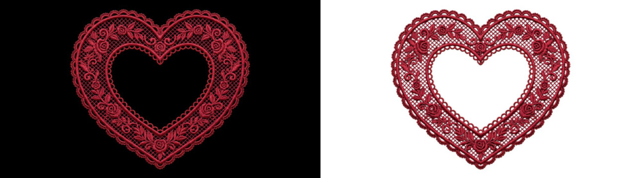 Red heart shaped lace frame with rose embroidery isolated on transparent png background