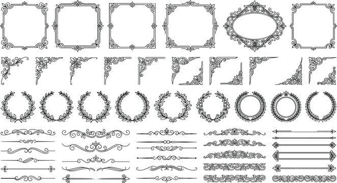 Vintage floral borders vector elements set, luxury filigree corners and laurel wreaths for certificate design