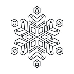 Fototapeta premium Snowflake integrated with circuit board lines and hexagons vector icon