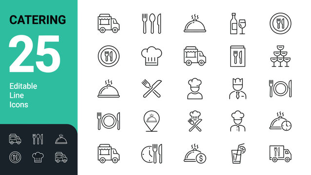 Catering Line Editable Icon set. Vector illustration in modern thin line style of nourishment related icons: service, dish, table setting, and more. 