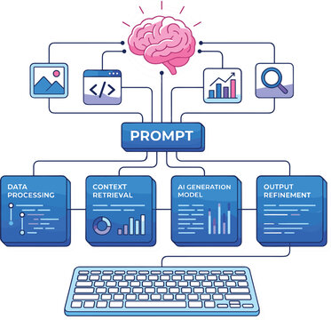 Artificial intelligence prompt engineering infographic template with pink brain icon keyboard and data processing blocks
