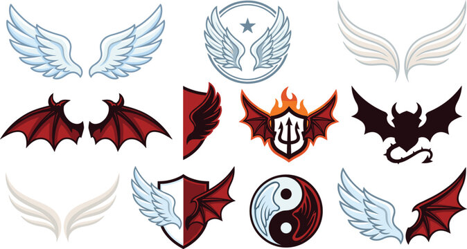 Angel and devil wings vector badges set, corporate gaming crest collection with feathers and fireAngel and devil wings vector badges set, corporate gaming crest collection with feathers and fire