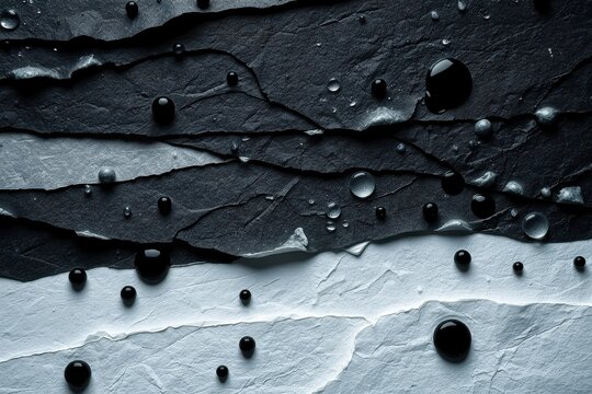Layered paper textures, dark tones transition to white. Water droplets present, creating contrast, visual interest.