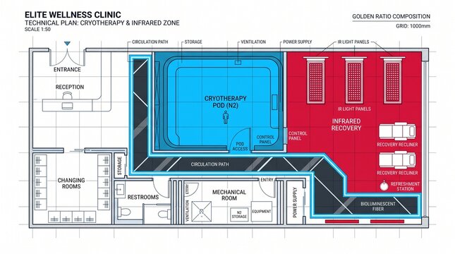 Elite Wellness Clinic technical plan, detailed architectural blueprint for cryotherapy and infrared zone, modern spa and recovery center layout, health and fitness facility design