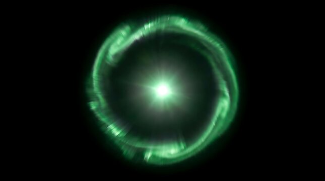 Radiant green circular light portal swirling with intense energy against a pitch black background creating a mystical cosmic effect with brilliant glowing rays and flares