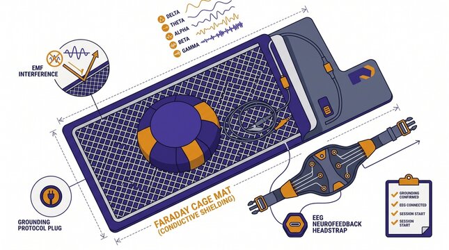 Faraday Cage Mat illustration, conductive shielding technology for electromagnetic interference protection, EEG neurofeedback headstrap, grounding protocol plus. Scientific research and health