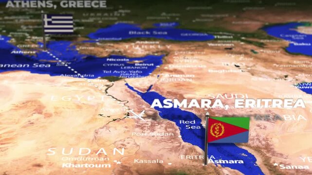 Flight From Athens GREECE to Asmara ERITREA with flag pins