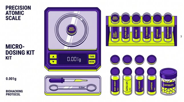 Precision Atomic Scale and Micro-Dosing Kit, a biohacking protocol illustration, featuring scientific measurement tools and supplement containers, ideal for health and wellness content.