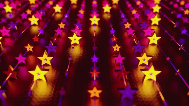 Futuristic abstract wall with glowing geometric stars. Seamless VJ loop of a rhythmic digital structure and pattern, creative motion background for electronic music festivals and stage displays.