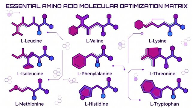 Essential Amino Acid Molecular Optimization Matrix, a scientific illustration of nine crucial amino acid structures, vital for biochemistry and health research