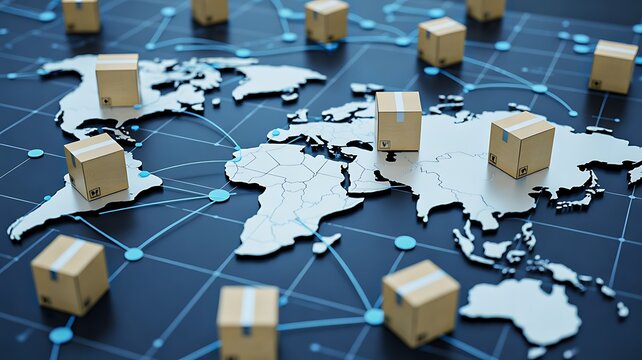 Global logistics distribution network with parcels on world map for international shipping