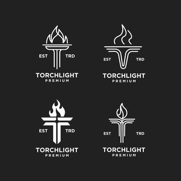 Modern Torch Light Logo Design Set with Premium Branding Symbols, Flame, and Fire Icons for Corporate Identity and Company Marks.
