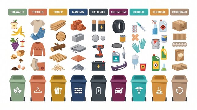 Comprehensive collection of waste sorting icons and colorful recycling bins for different materials, perfect for environmental education, waste management systems and sustainability infographics