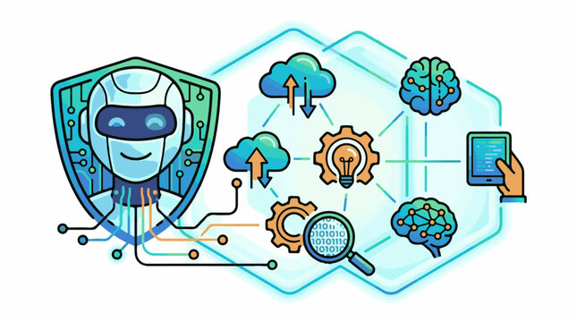 AI network with robot brains clouds gears and tablet