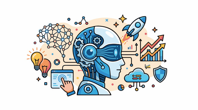 AI robot head with brain lightbulbs rocket charts and cloud