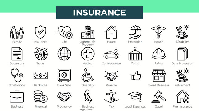 Comprehensive insurance icons set illustrating health, life, auto, home, travel and business coverage for policy awareness and digital content.