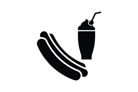 Minimalist black vector icon representing a classic American fast food meal combo featuring a delicious hot dog in a soft bun alongside a sweet milkshake topped with whipped cream and cherry