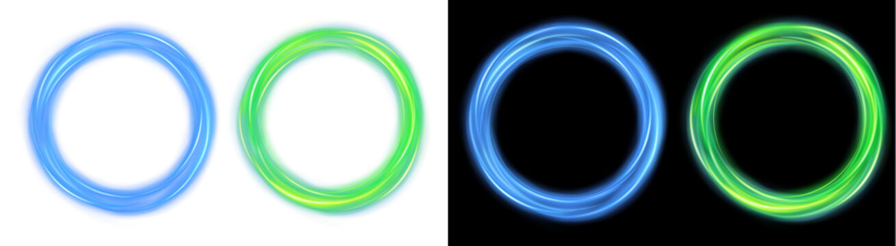 PNG image of&nbsp;Vibrant glowing blue and lime green circular light rings featuring dynamic motion blur streaks presented on transparent background