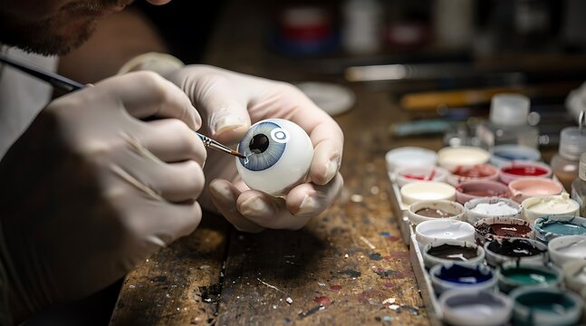 Skilled artisan painting a custom prosthetic eye in a workshop.