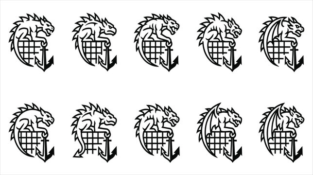 A professional vector asset sheet containing exactly 10 individual gothic gargoyle with ancor icons on a white background