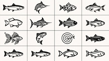 Fish icons in varied artistic styles, from realistic to abstract, symbolizing aquatic diversity and creativity in minimalist vector design.