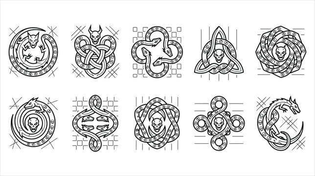 A professional vector asset sheet containing exactly 10 individual gothic lizard crests on a white background