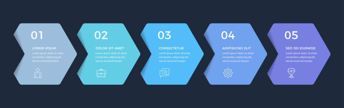 Infographic template with five sequential arrow steps, dark background