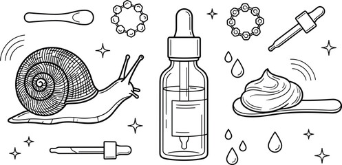 Organic Snail Mucin Serum Dropper Bottle and Cosmetic Cream Spoon Element Set with Droplet Splashes and Mascot Vector Line Art for Coloring Pages © EdGe Creative